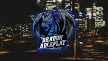 a logo for dragon roleplay shows a dragon with a city in the background