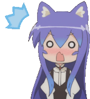 a cartoon girl with blue hair and cat ears looks surprised