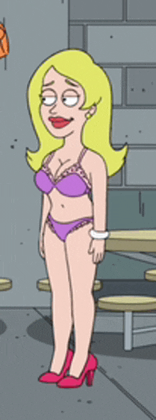 a cartoon character is wearing a purple bikini and pink heels