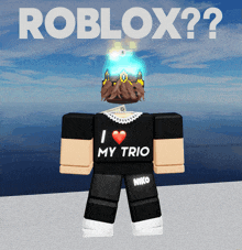 a roblox character wearing a black shirt that says i heart my trio