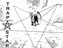 a black and white drawing of two people standing in a pentagram with the words trapstar written above them