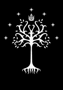 a white tree with a crown and stars on a black background