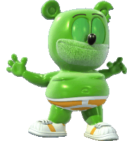 a green gummy bear wearing a pair of orange and white underwear