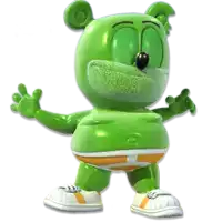 a green gummy bear wearing a pair of orange and white underwear