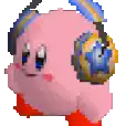 a pixel art of kirby wearing headphones and holding a cd .