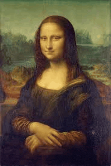 a close up of a painting of a woman sitting with her hands folded .