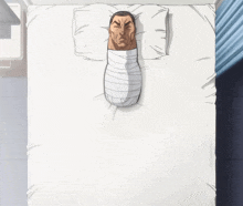 a cartoon of a man laying on a bed with a bandaged arm