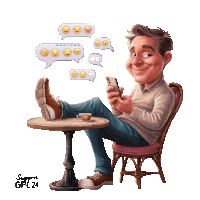 a cartoon of a man sitting at a table with his feet up looking at a cell phone