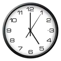 a black and white clock shows the time as 5:00