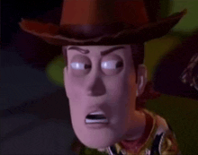 woody from toy story is making a funny face with his mouth open .