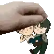 a hand is holding a cartoon character over another character .