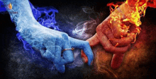 a couple holding hands with fire and ice coming out of them