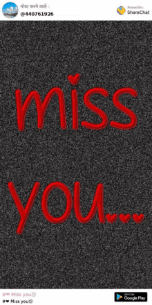 a poster that says miss you in red letters on a gray background .