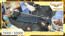 a screen shows a person playing a video game and says hyperia 29000 50000 build be greatly appreciated