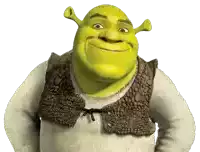 shrek from shrek is wearing a brown vest and a white sweater