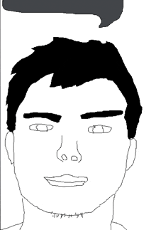 a black and white drawing of a man 's face with a speech bubble over his head