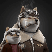 a dog wearing a helmet smoking a cigar next to another dog wearing goggles