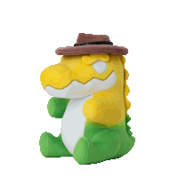 a yellow and green stuffed animal with a brown hat