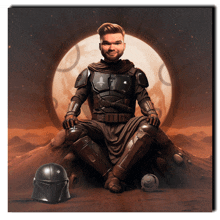 a man in armor sits on a rock in front of the moon