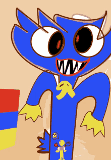 a cartoon drawing of a blue monster with yellow wings and big teeth