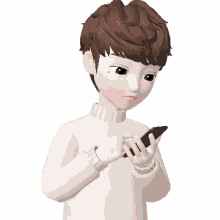 a boy in a white sweater is holding a cell phone with a red heart in the background