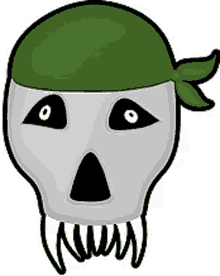 a cartoon skull wearing a green bandana and a beard .