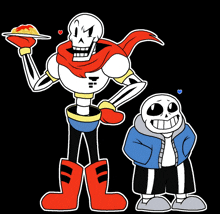 papyrus is holding a plate of spaghetti and sans is standing next to him