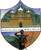 a soldier salutes in front of the coat of arms of nahuala solola