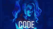 harley quinn in a blue light with the word code