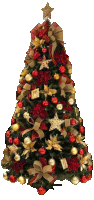 a christmas tree decorated in red and gold with a star on top