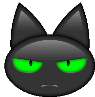 a black cat with green eyes has an angry expression on its face