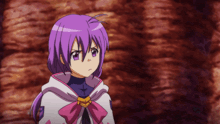 a girl with purple hair and a pink bow is standing in front of a rock wall