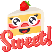 a slice of cake with a strawberry on top and the word sweet written below it