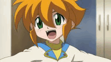 a young boy with orange hair and green eyes is smiling .