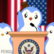 a cartoon of a penguin behind a podium with the united states seal on it