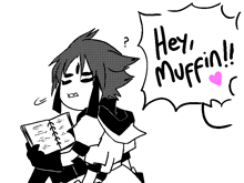 a black and white drawing of a boy holding a book and saying hey muffin