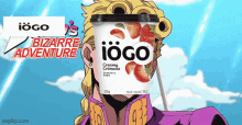 a cartoon character holding a container of io go creamy cremeais strawberry yogurt