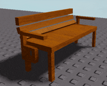 a wooden bench is sitting on a gray tiled floor