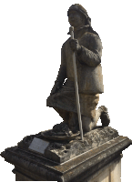 a statue of a man kneeling down with a cane and a plaque that says " a few feet "