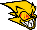 a drawing of a yellow cartoon character with sharp teeth and a red eye .