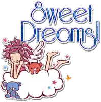a girl with wings is sleeping on a cloud with the words sweet dreams