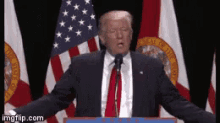 a man in a suit and tie stands at a podium in front of an american flag with the word florida on it