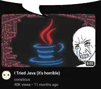 a cartoon of a man crying in front of a cup of java says i tried java ( it 's horrible )