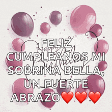 a birthday card with pink balloons and the words feliz cumpleanos mi sobrina bella