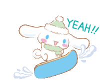 a cartoon illustration of cinnamoroll riding a snowboard with the words yeah below him