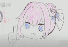 a drawing of a girl with pink hair and blue eyes gives a thumbs up