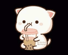 a cute cartoon cat is drinking a bubble tea with a straw .