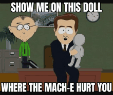 a cartoon of a man holding a stuffed doll that says show me on this doll