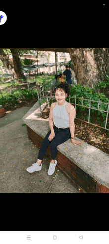 a woman is sitting on a brick wall in a park with a tree in the background