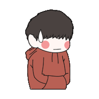 a cartoon of a boy wearing a red hoodie covering his face with his hand